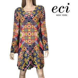 eci New York Mosaic Shift Dress Floral Geometric Pattern Print 100% Rayon Lined
